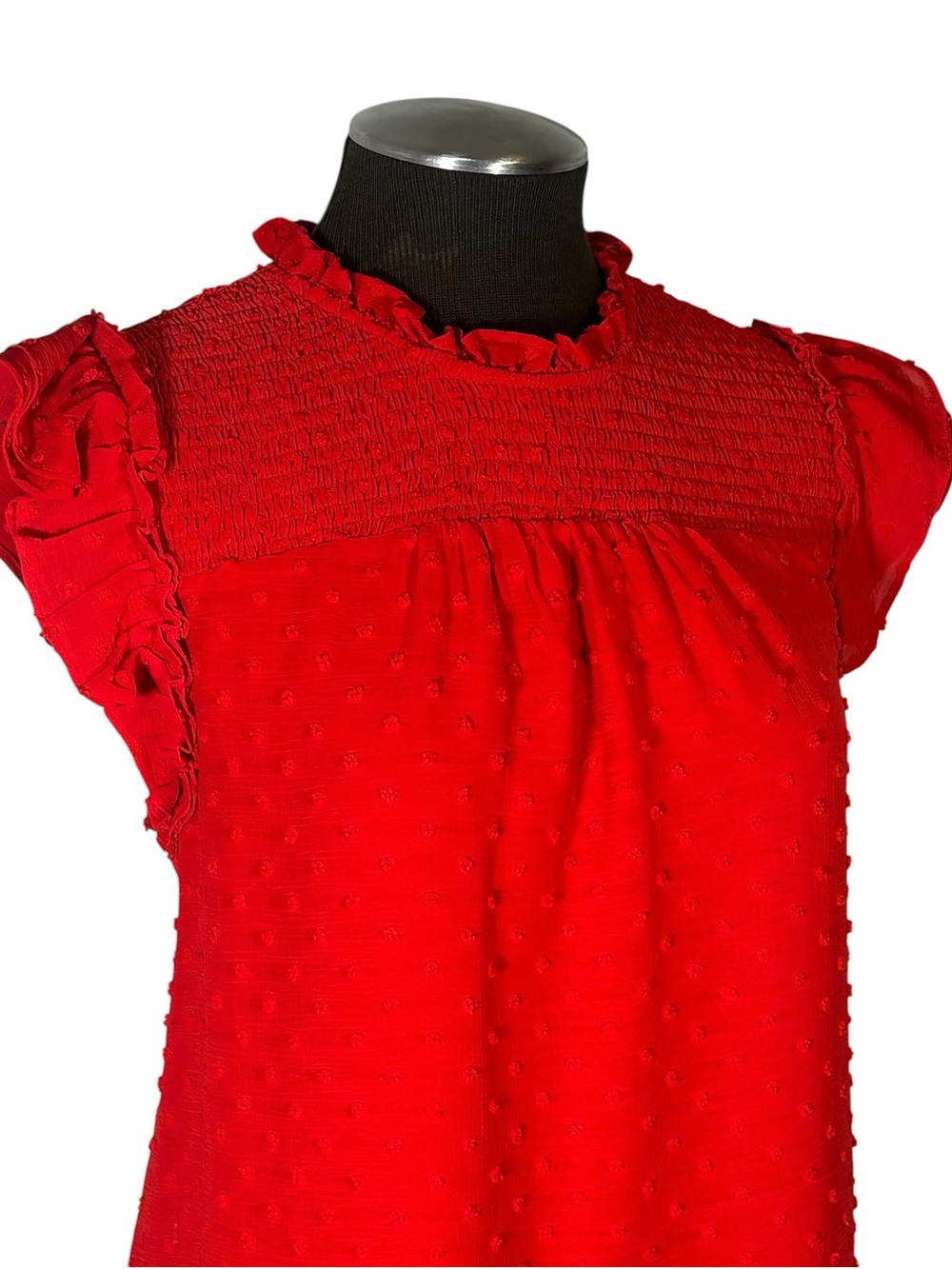 🆕 Cece – Fireball Red Clip Dot Ruffle Flutter Top – Macy’s - Large - Picture 4 of 10